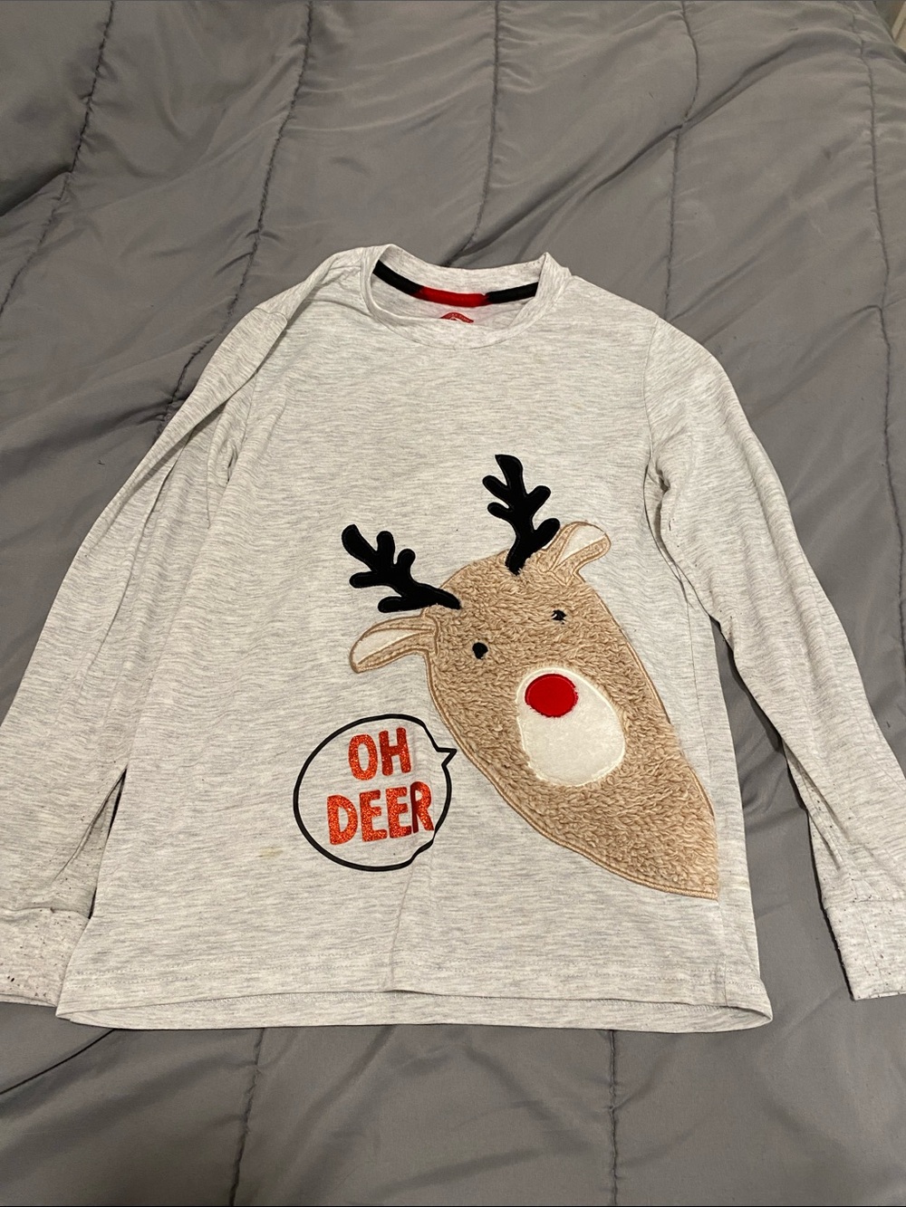 Holiday Time Light Gray Long-Sleeve Reindeer Tee with Red Nose size lg 10/12